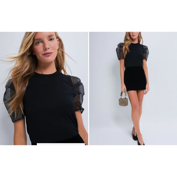 Hyacinth House by Tuckernuck Black Short Tulle Sleeve Darby Blouse Top Large NWT - Picture 1 of 7